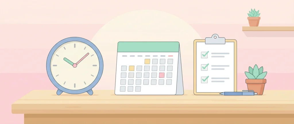 Step-by-step timeline illustration showing a planning workflow with book, checkmark, and clock icons