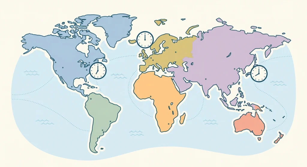 World map illustration with clock icons showing different time zones for scheduling across locations